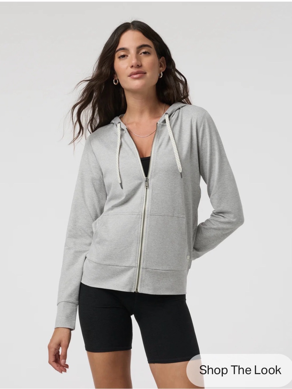 Vuori Heather Gray Full-Zip Hoodie with Cream Drawstrings